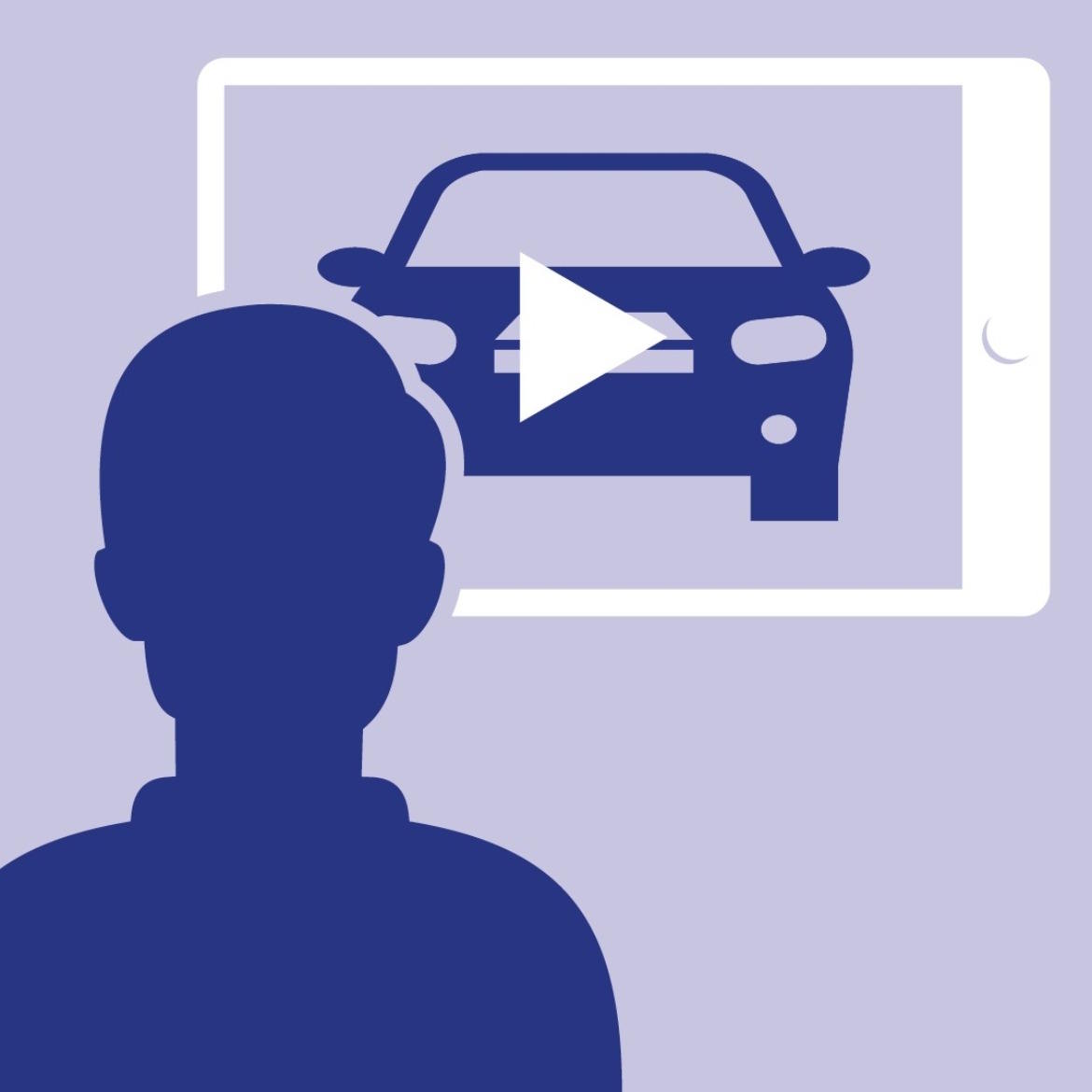 Illustrated graphic depicting a person viewing a virtual car appointment on a tablet, with a vehicle silhouette and play button symbolising online video consultations.