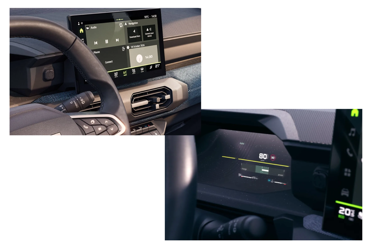 2 picture collage of dacia lightvisio screen and multimedia screen in the Striker