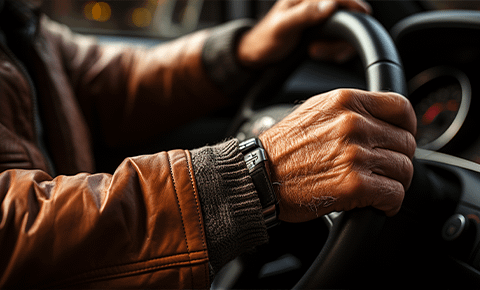 Close up of hands on steering wheel 