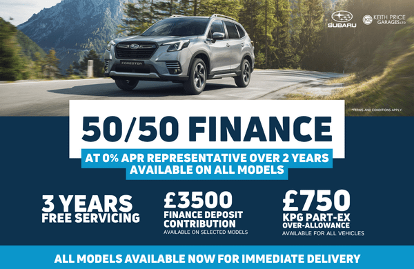 Subaru Q4 offers at Keith Price Garages: 50/50 finance, three years free servicing, £3,500 finance deposit contribution, £750 part-exchange over-allowance and immediate delivery.