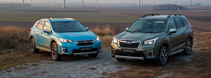 Two subaru e boxer parked side by side
