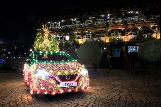 Driving Home for Christmas - Nissan Leaf Becomes Sparkling Nissan Christmas Tree, Powered by Regenerative Energy