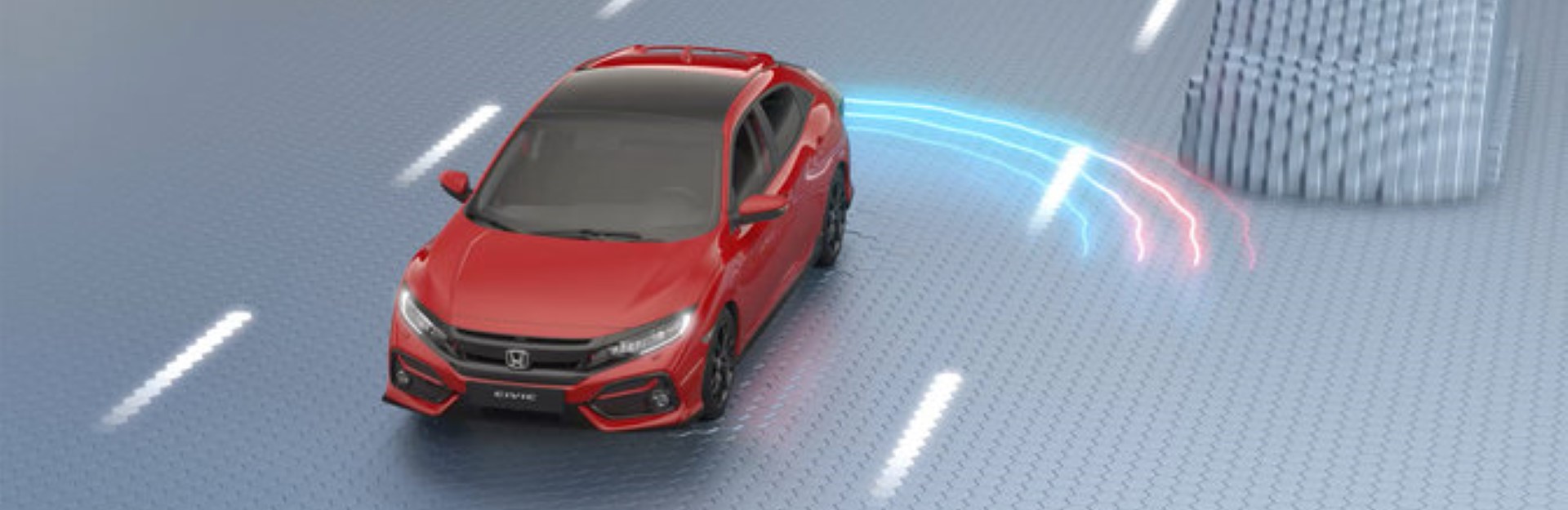 Animated red honda car on road with sensors.