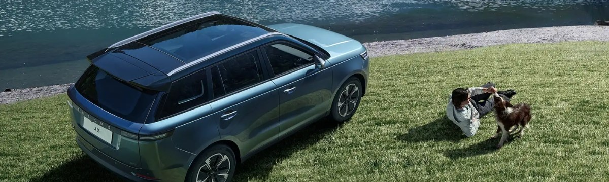 Overhead view of a blue Jaecoo SUV parked on grass near water, with a person playing with a dog beside the vehicle.