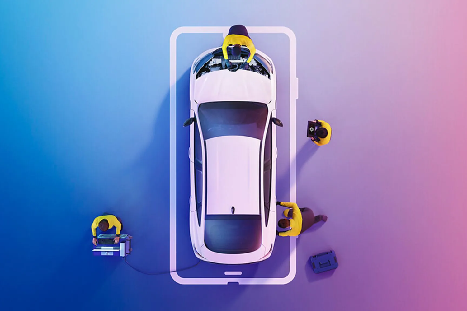 birdseye view of technicians working on a renault with pink/blue background