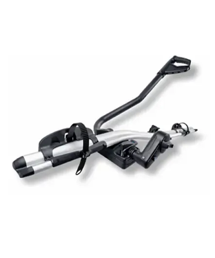 Vehicle-mounted bike rack with support arms and straps, designed to securely transport a bicycle.
