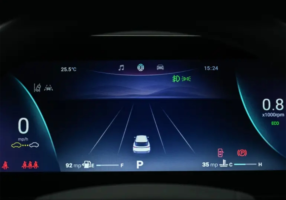 OMODA 5 digital driver display showing speed, navigation lane assist graphics, fuel range, and vehicle status indicators.