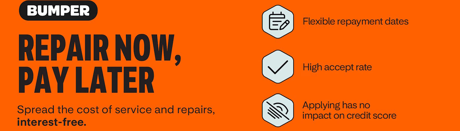 Promotional banner for Bumper finance offering interest-free vehicle repair payments with flexible repayment options and no impact on credit score.