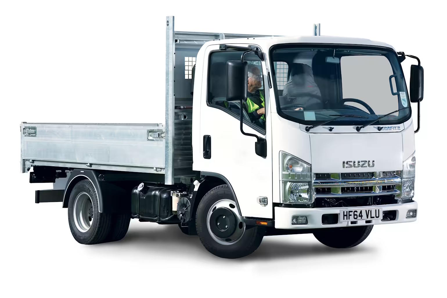 White Isuzu N55 150 chassis cab truck with large front windshield and side mirrors, viewed from the front on a transparent background.