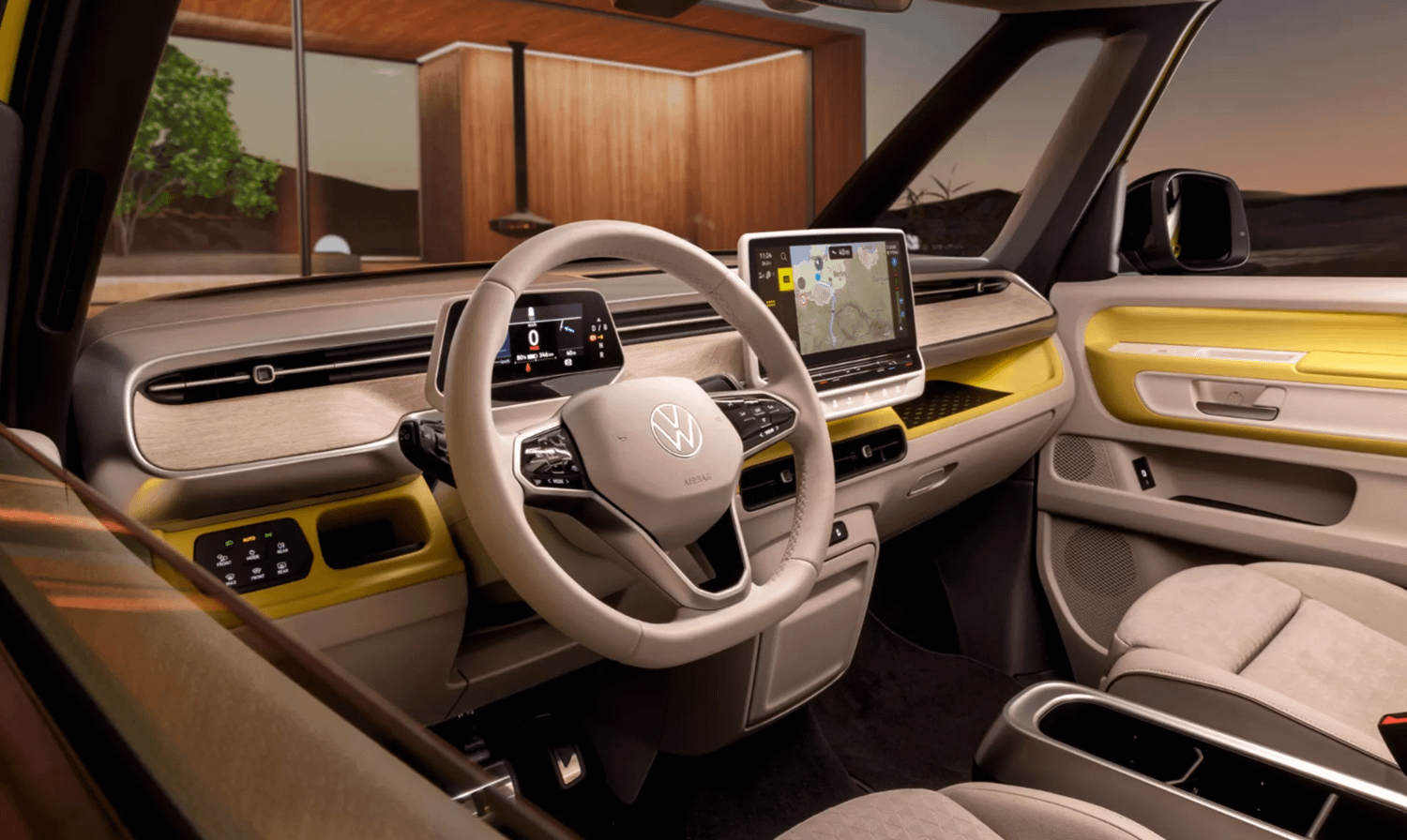 Cream Volkswagen ID. Buzz Interior, steering wheel and infotainment