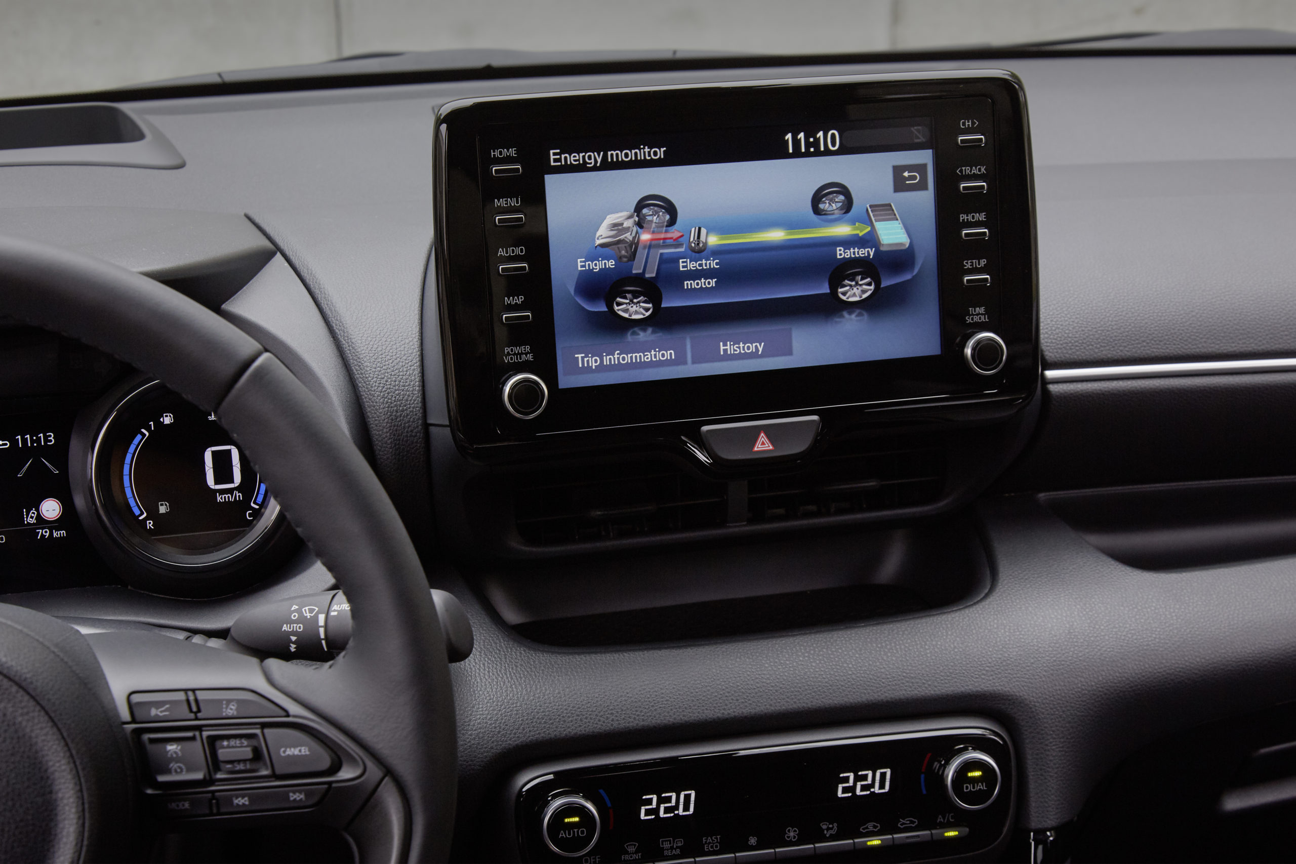 Interior display of a Mazda2 Hybrid showing the energy distribution between the electric motor and petrol engine