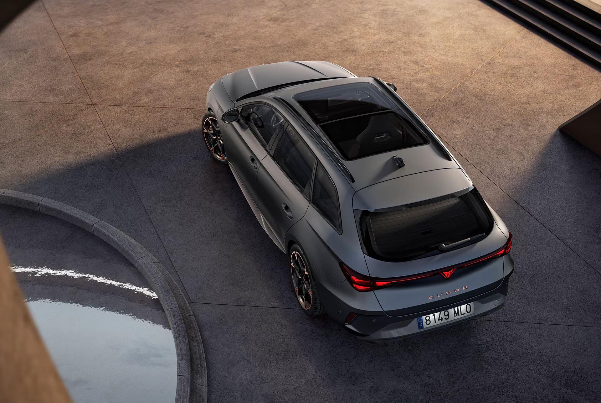 CUPRA Leon Estate viewed from above, showing its panoramic roof and sleek rear design.