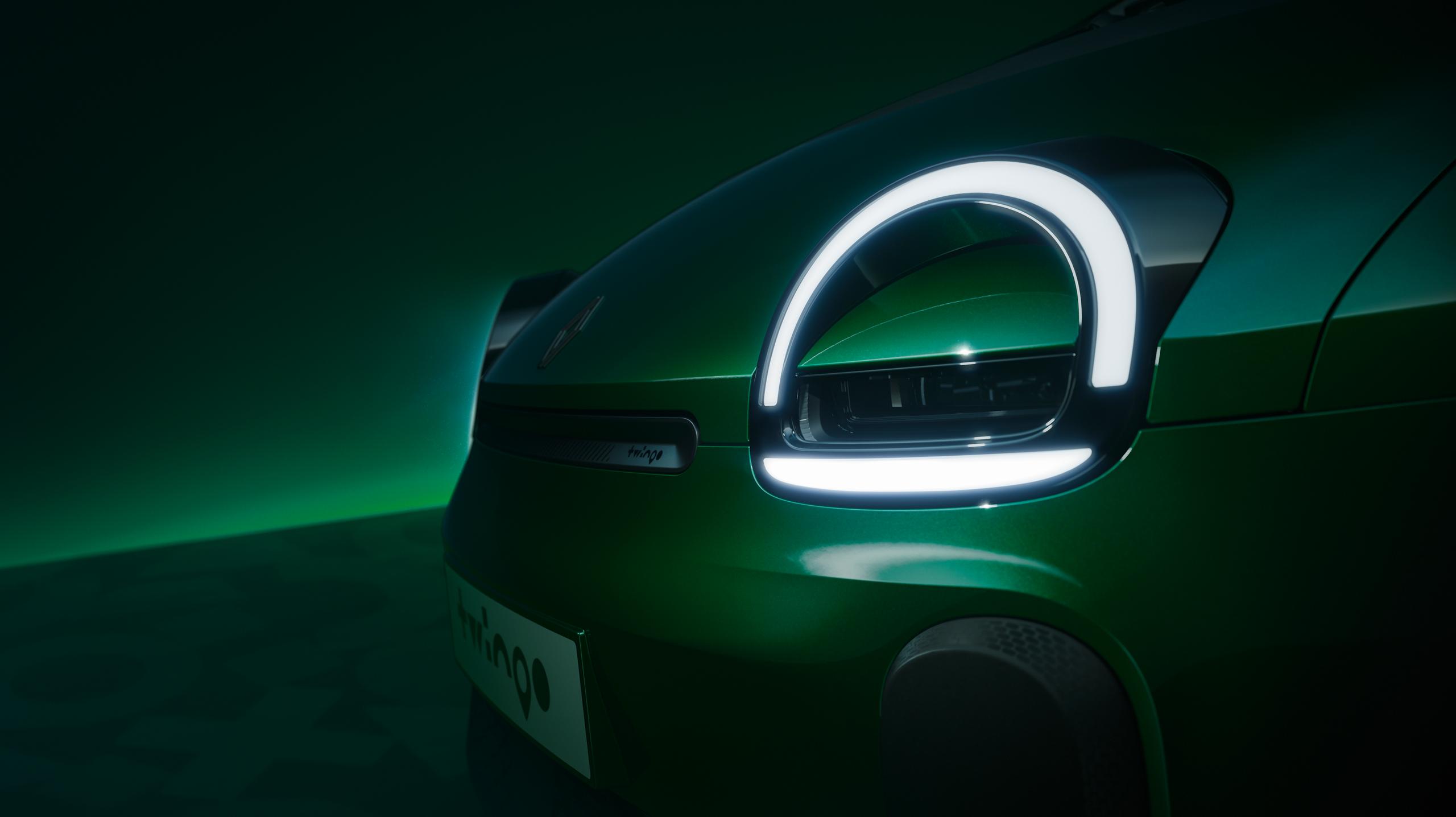 New Renault Twingo in green with headlights on