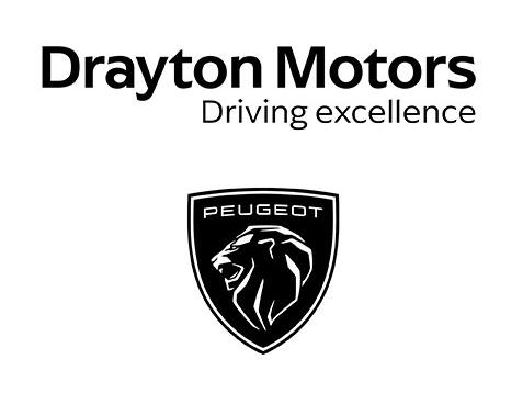 Drayton Motors dealership logo featuring the Peugeot lion emblem shield badge with 'Driving excellence' tagline on a clean white background