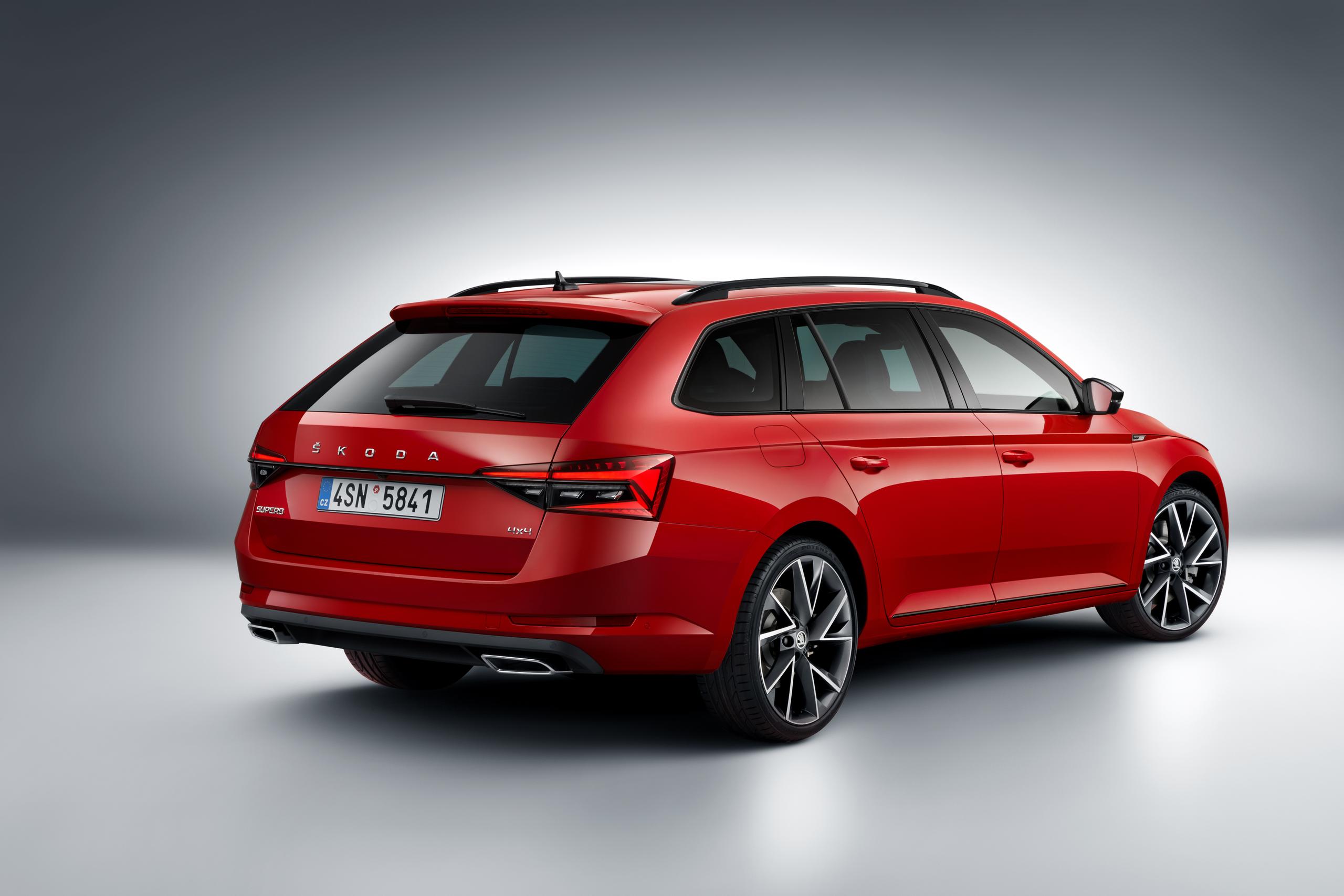 Red SKODA Superb Estate Rear Side View