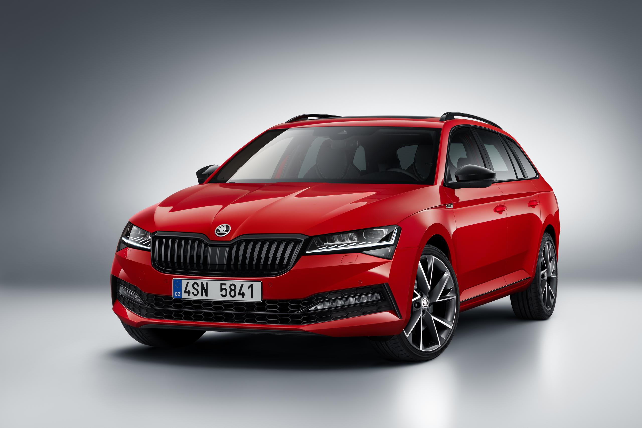 Red SKODA Superb Estate Front Side View