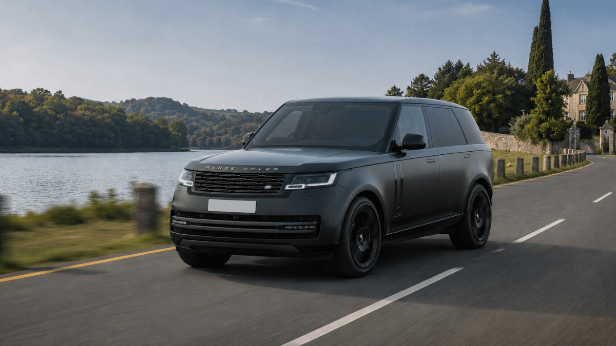 Black Range Rover Autobiography driving along a scenic lakeside road, showcasing a luxury SUV popular with chauffeur and executive travel operators.