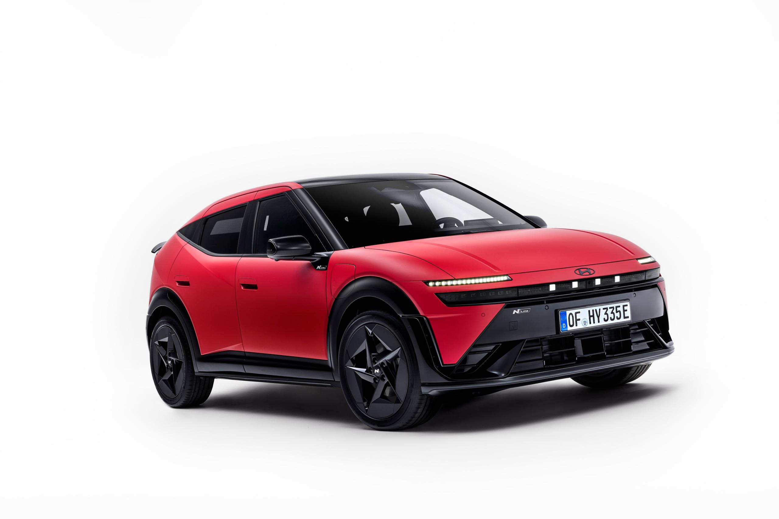 Red Hyundai IONIQ 3 shown from the front three-quarter angle