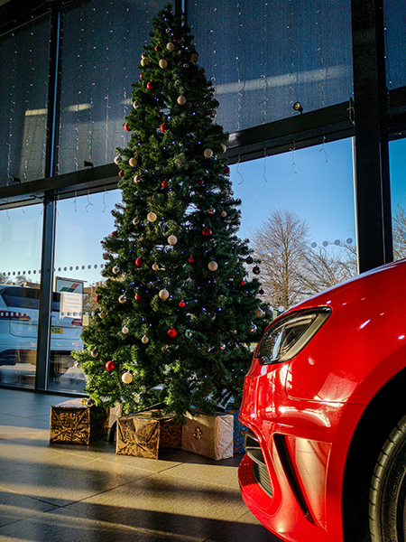 Christmas tree in the showroom in front of a car