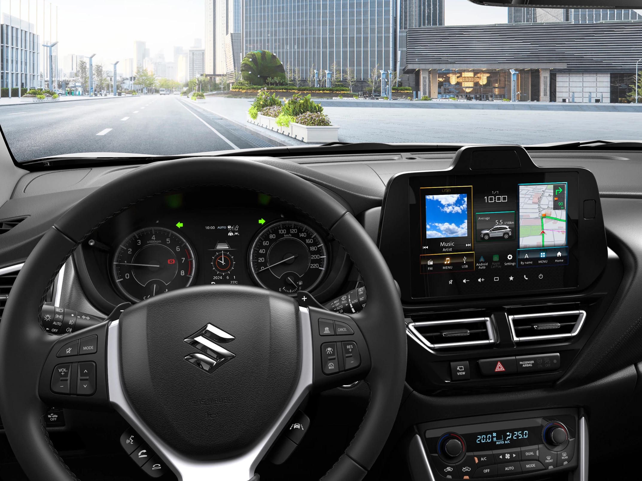 Interior view of the Suzuki S-Cross from the driver's perspective, featuring a leather-trimmed multifunction steering wheel, digital instrument cluster and elevated touchscreen infotainment display with navigation.