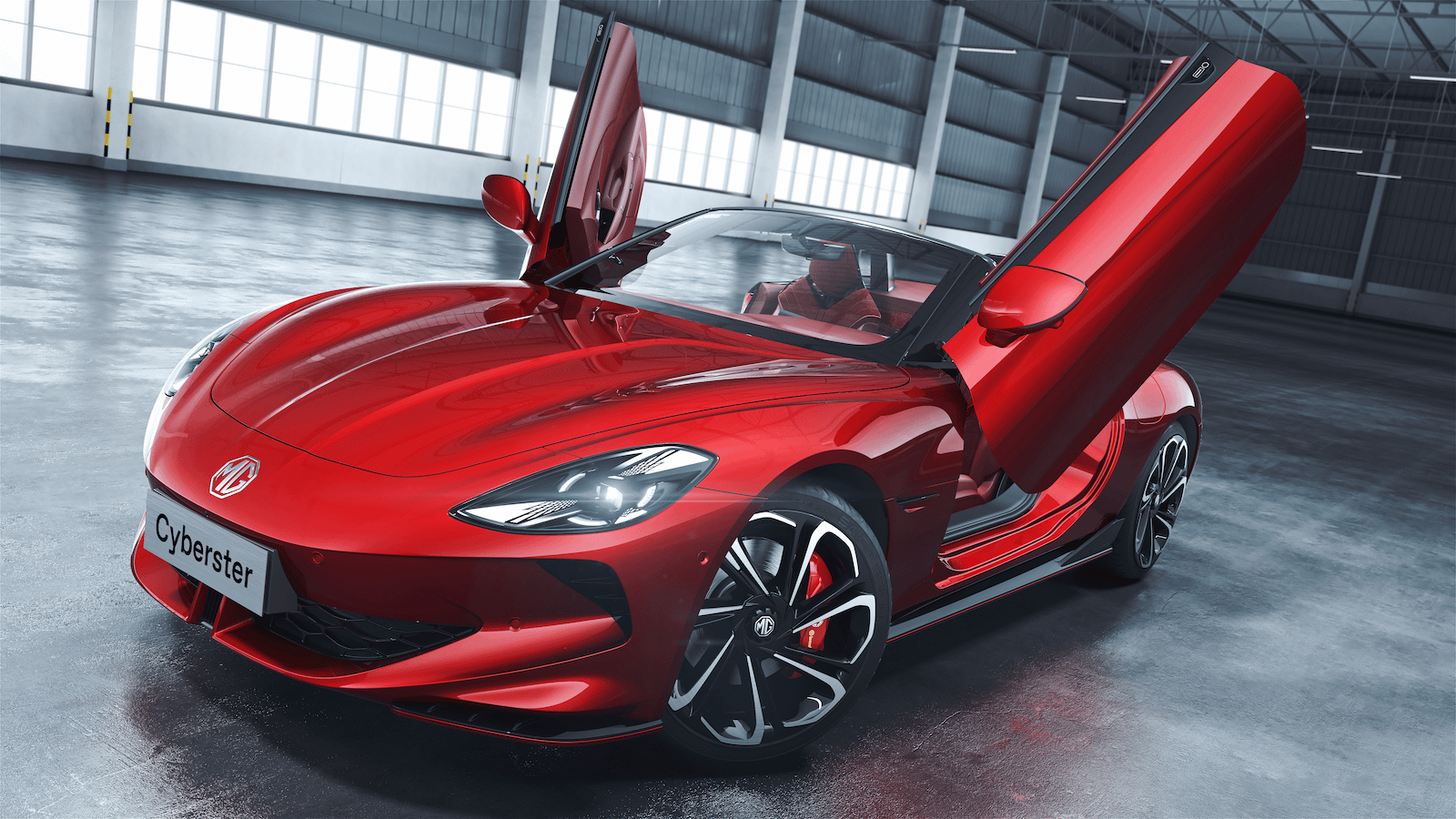 Red Cyberster parked in warehouse front facing with doors raised 