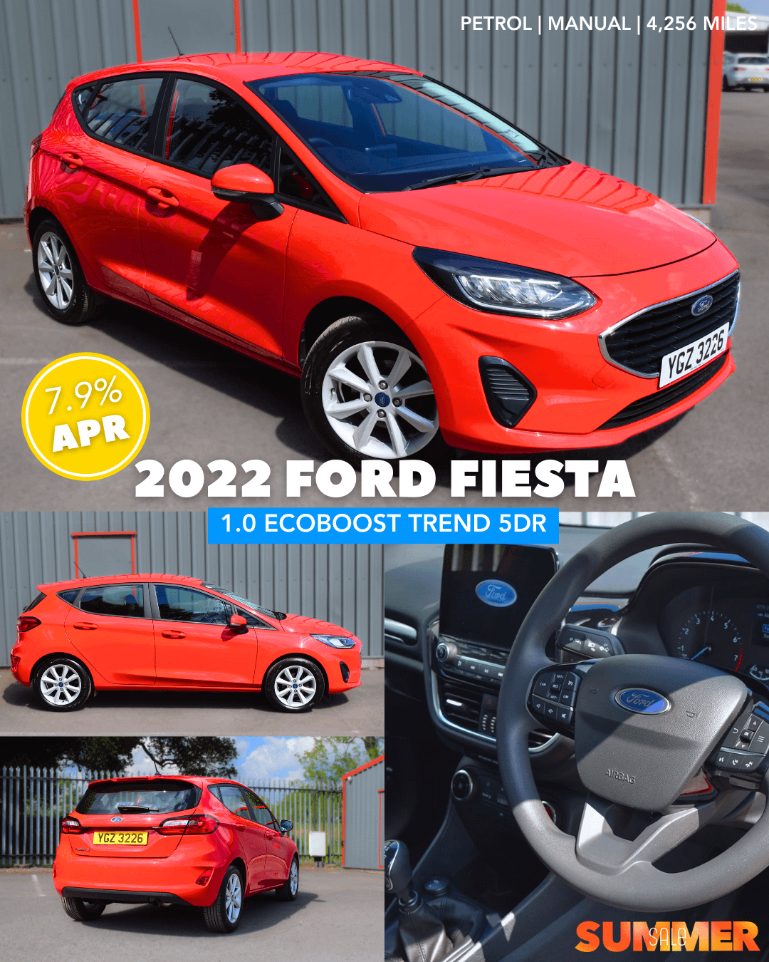 Red 2022 Ford Fiesta pictured from front, side, and back with added photo of interior