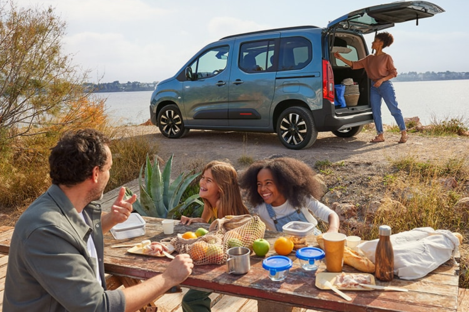 Family having picnic with citroen berlingo in the background