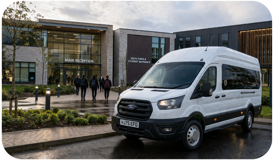 Minibus outside a school