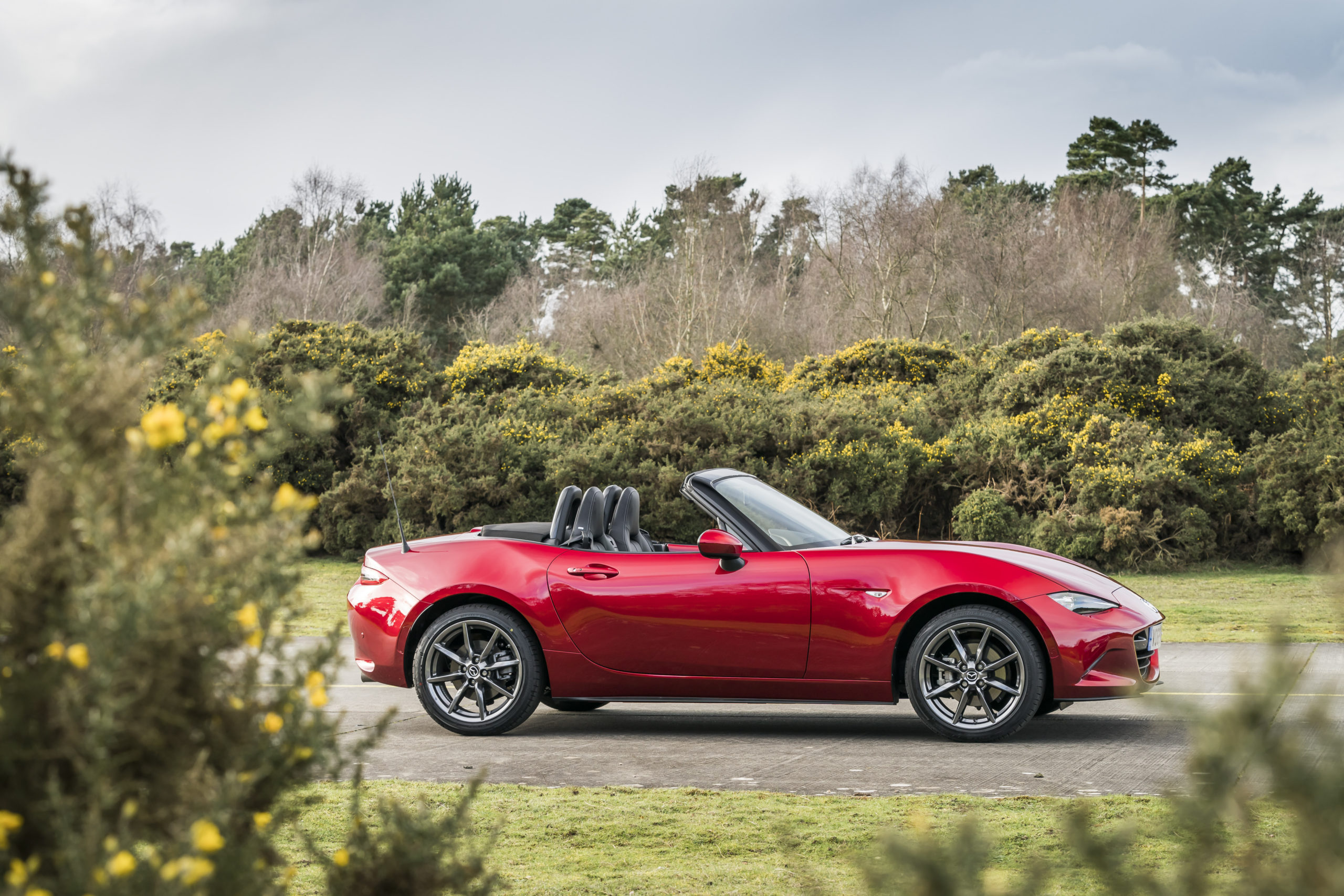 Red 2023 Mazda MX-5 parked in the countryside.