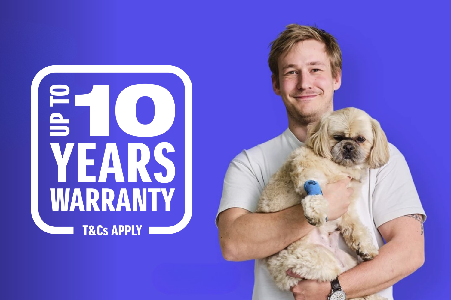 man holding a dog with the up to 10 years suzuki warranty logo on a blue background