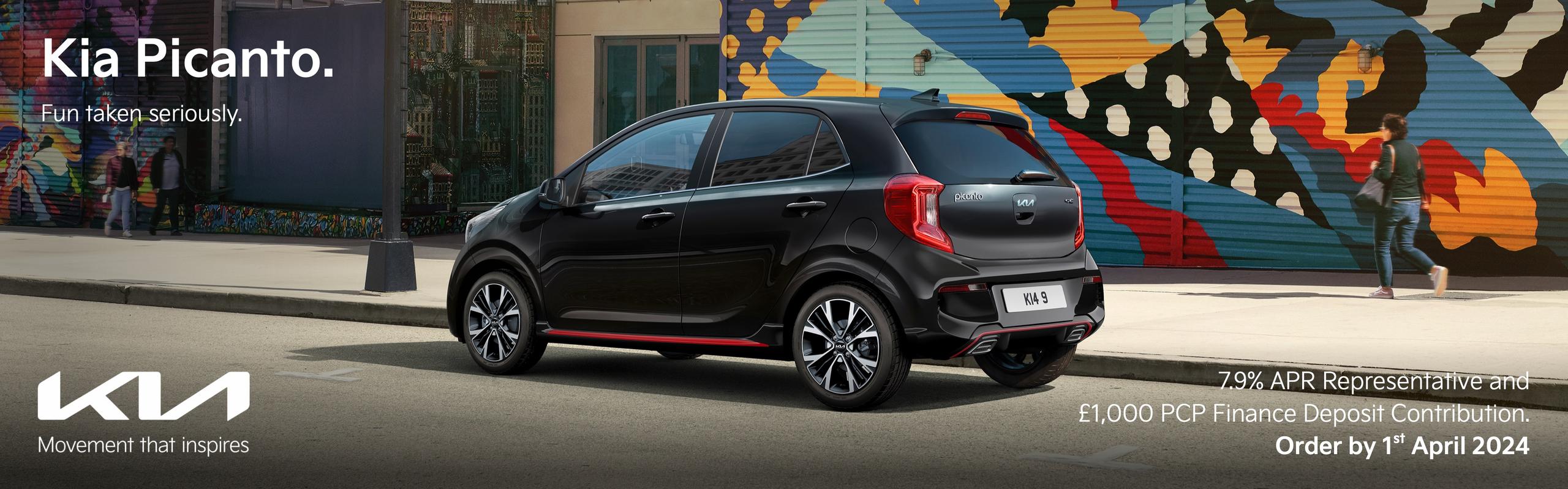 Kia Picanto - fun taken seriously. 7.9% APR representative and £1,000 PCP Finance Deposit Contribution. Order by 13th December 2023.