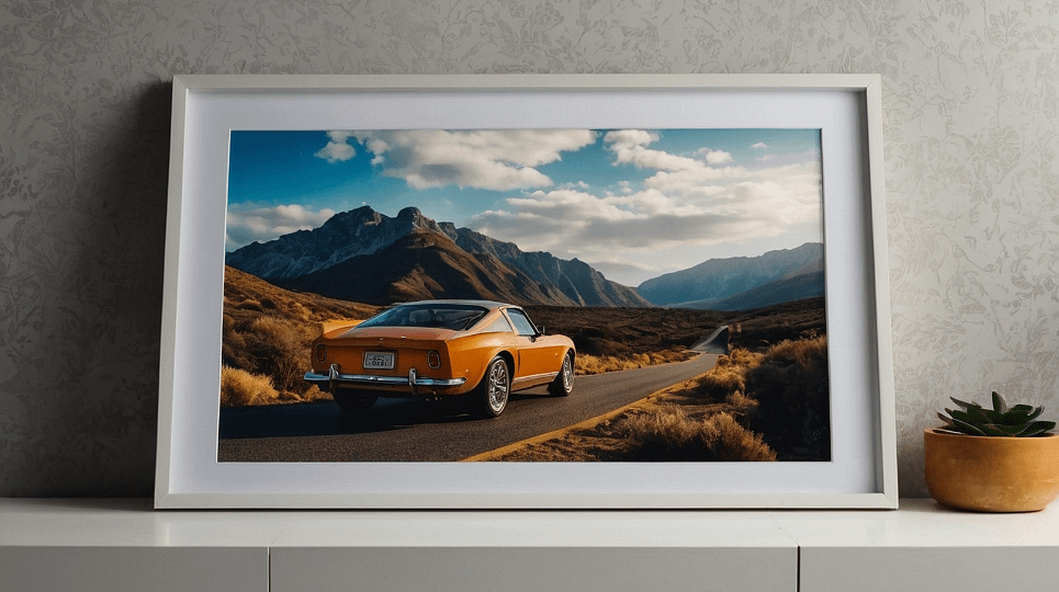 framed picture of a car on a cabinet