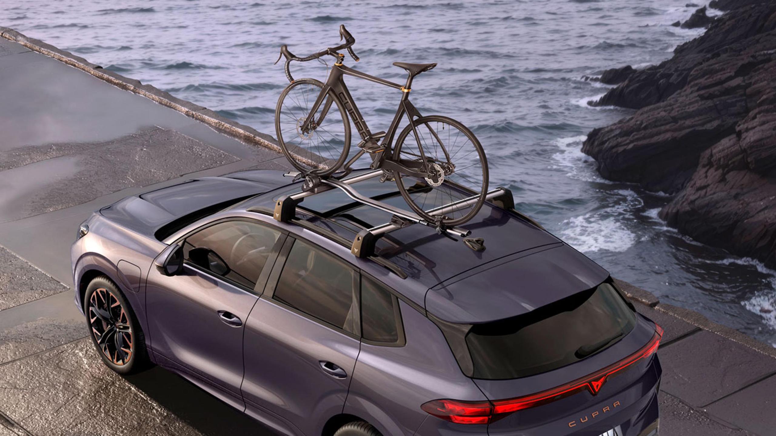 Cupra SUV with a bicycle mounted on its roof beside the sea.