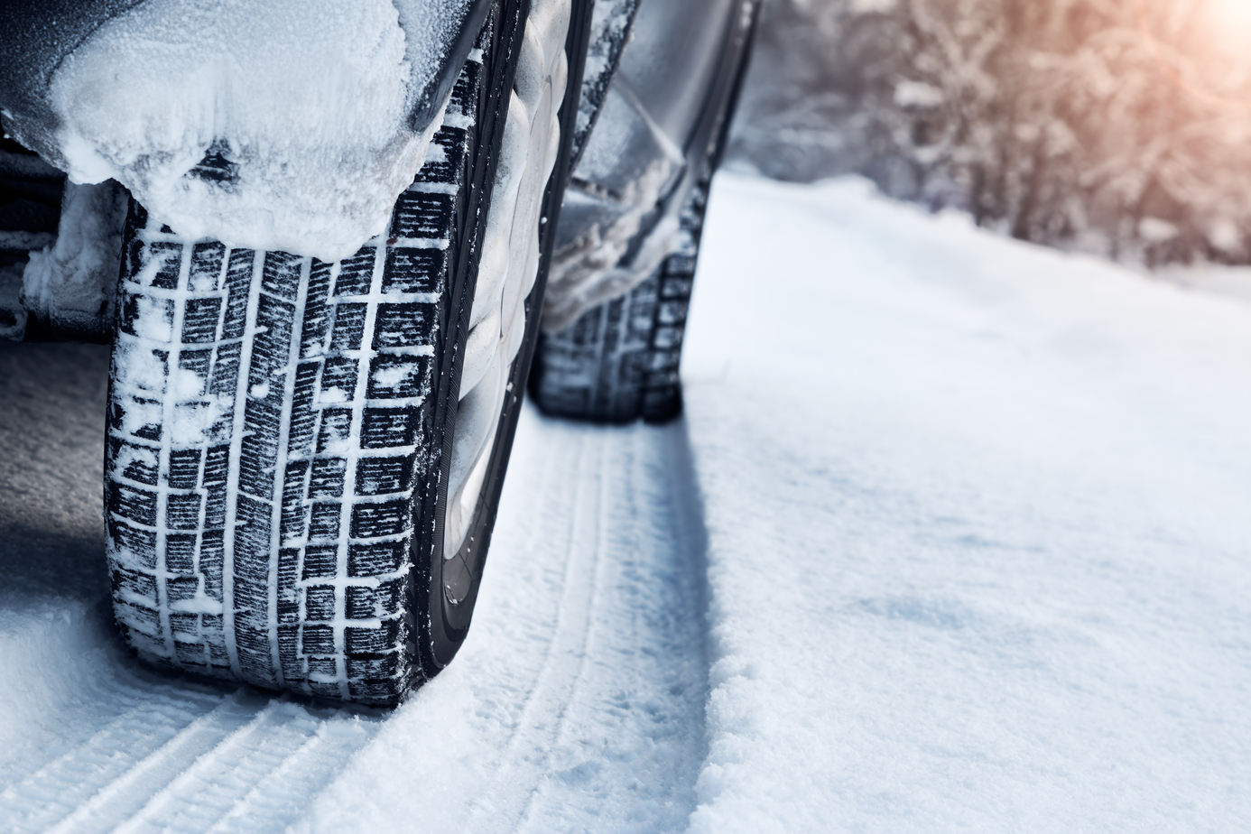 Close up of tyres on very snowy roads