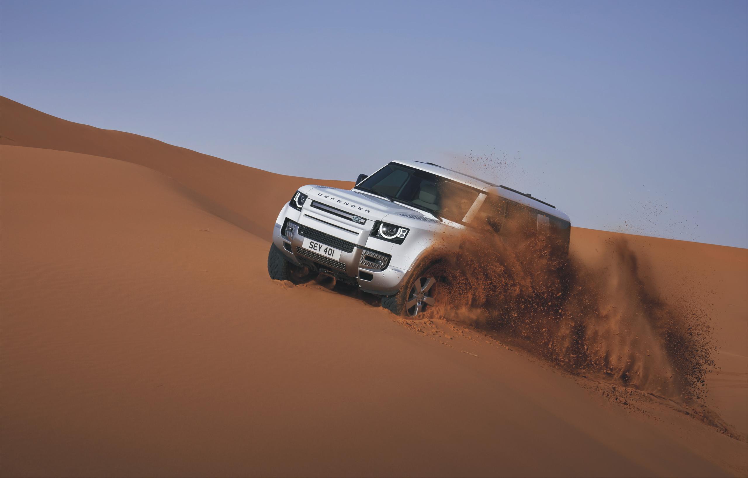 White Land Rover Defender 130 In Dessert