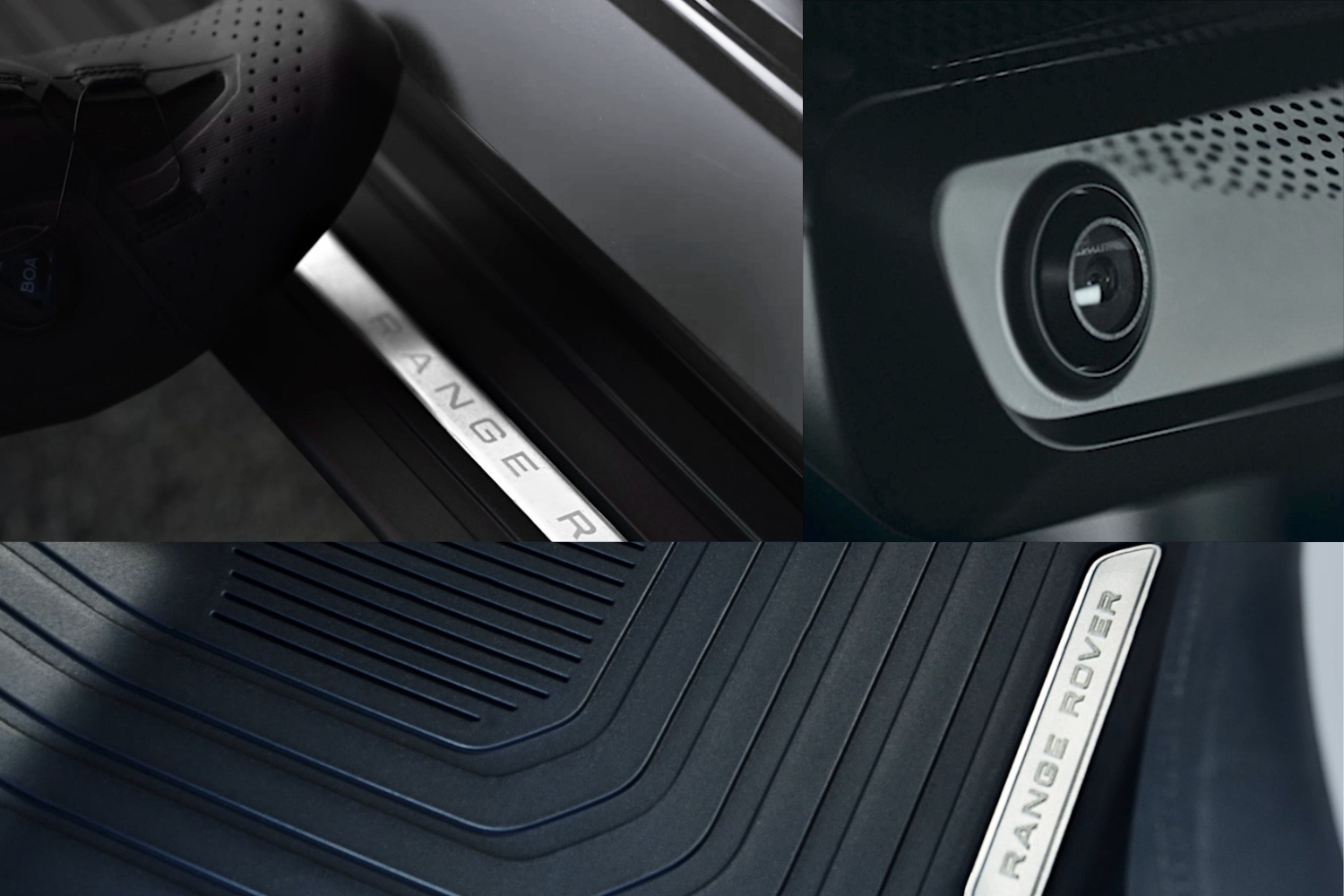 Range Rover interior details including illuminated tread plate and premium speaker.