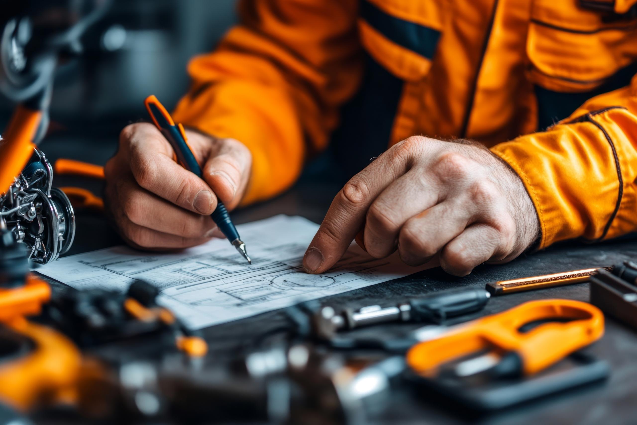 Stock photo of a mechanic drawing a design with tools laid out.