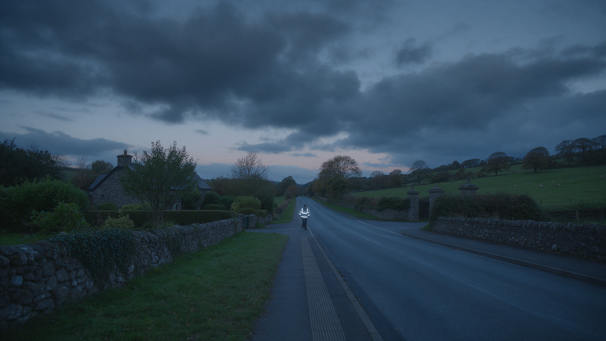 Pedestrian wearing reflective clothing walking on an unlit road at dusk