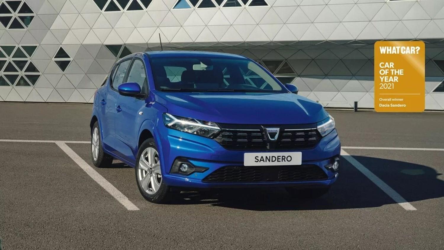 Blue Dacia Sandero parked in car parking space