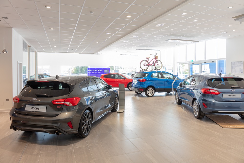 Inside a showroom at Dinnages, a leading Ford dealers in the UK