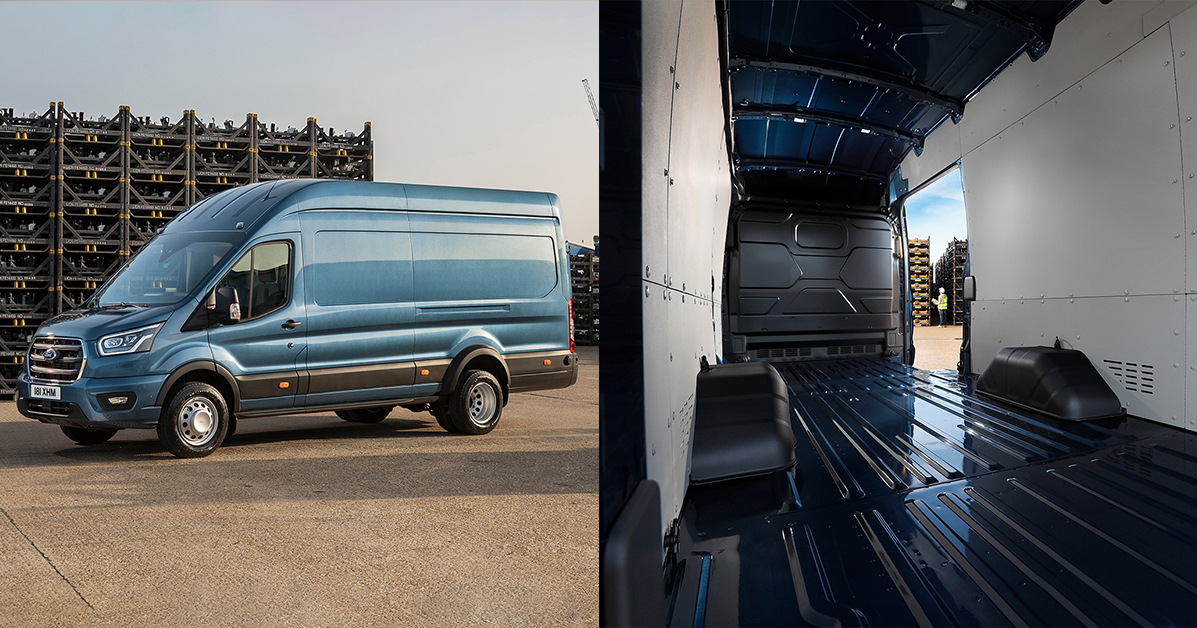 Side and interior views of a new Transit van, showing the large load capacity and side access