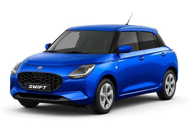 front of blue suzuki Swift