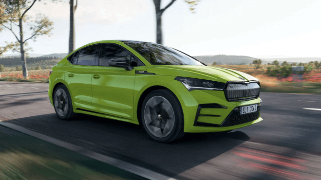 Lime SKODA Enyaq iV Coupe VRS front side view