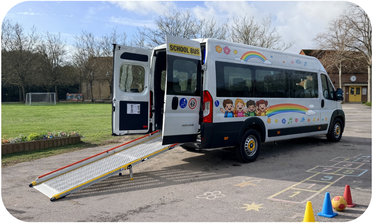 CVMinibus electric 14-seater minibus parked in a vehicle yard with branding visible.