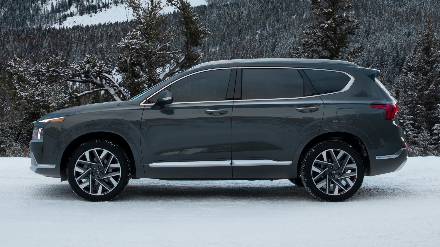 Grey Hyundai Santa Fe Hybrid and Plug-In Hybrid side on