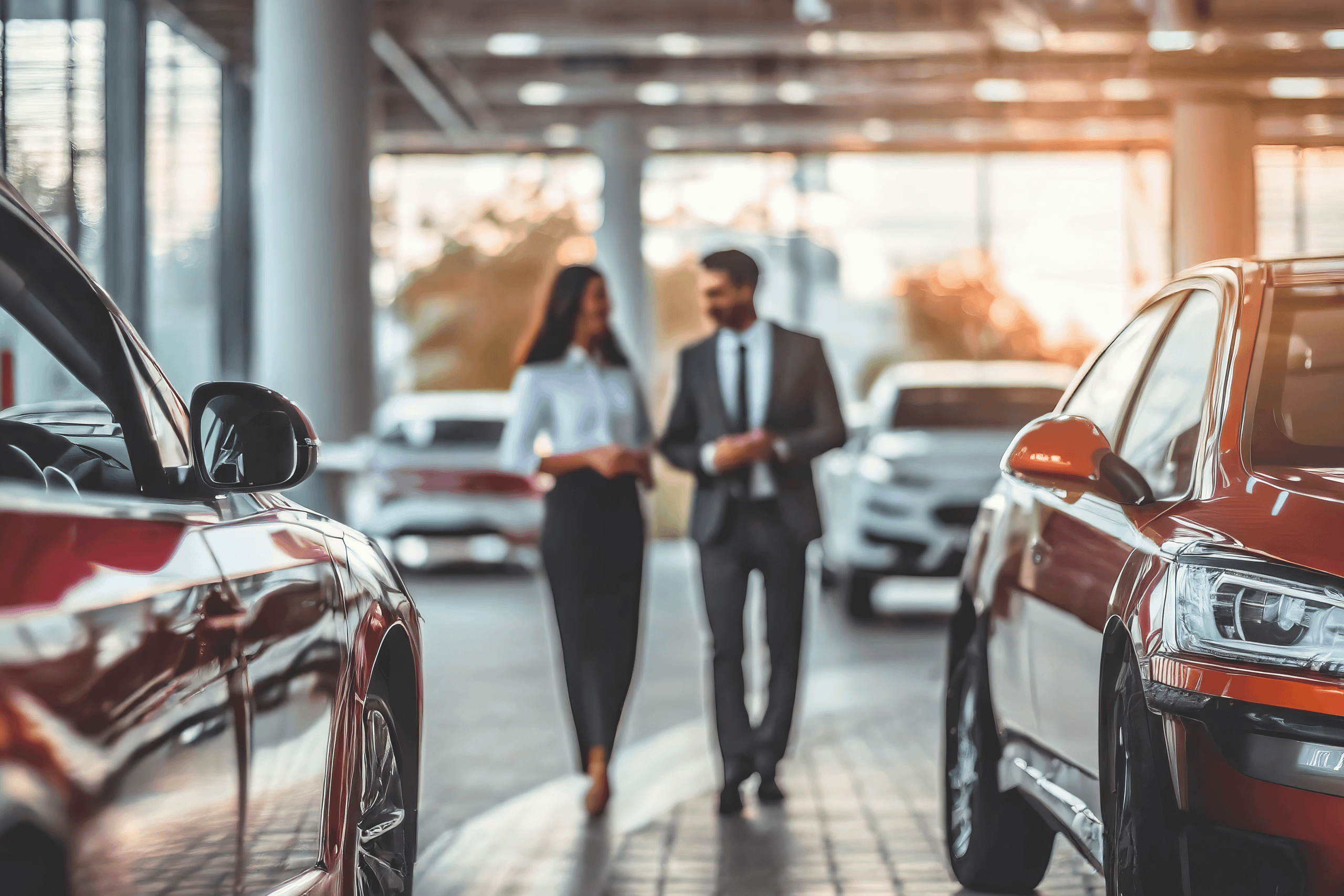 Man and woman in suits talking near cars.