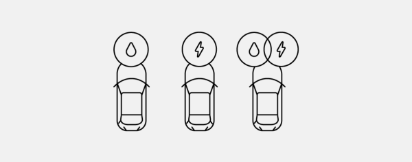 Icons of cars showing petrol, electric and hybrid possibilties