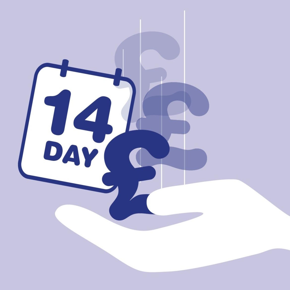 Illustrated graphic showing a 14-day money-back guarantee concept, featuring a calendar icon with pound sterling symbols and an open hand, representing dealership finance flexibility.