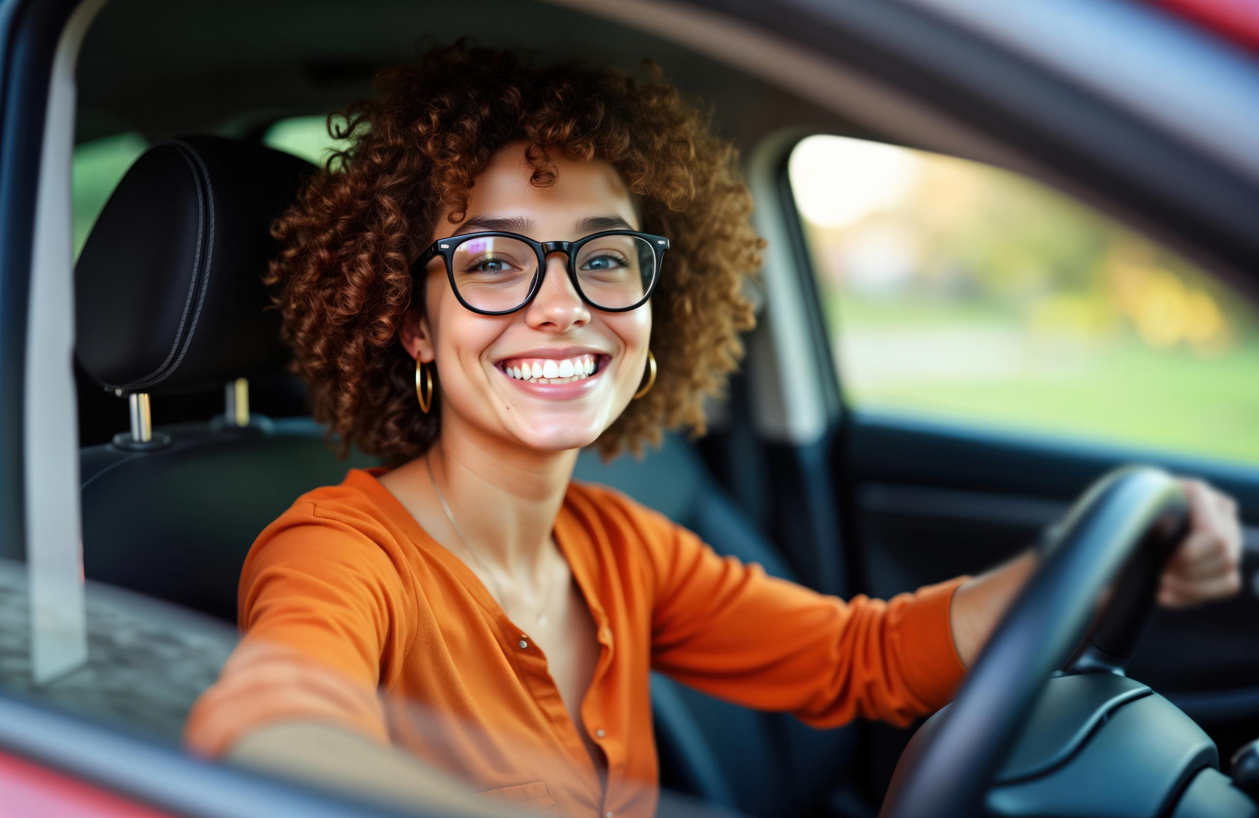 Stock photo of a woman in a car, smiling.