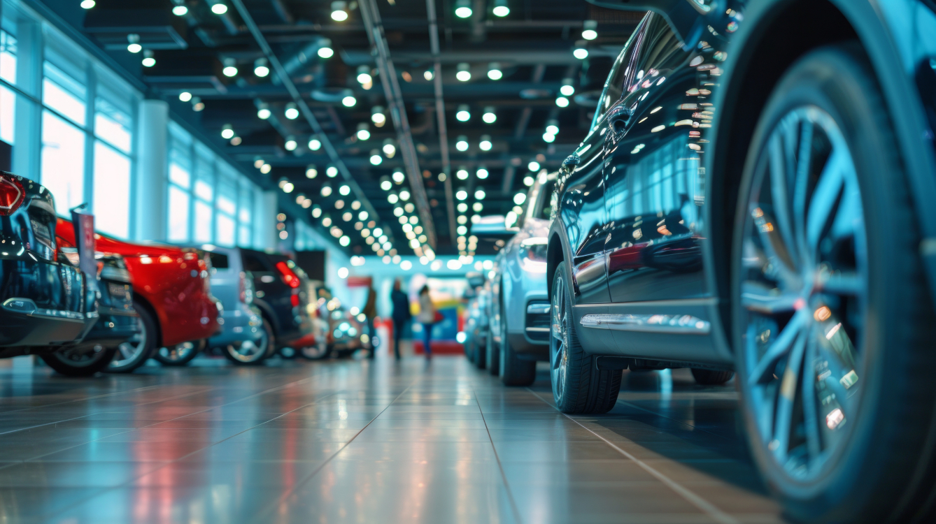 Multiple cars parked inside a modern showroom.